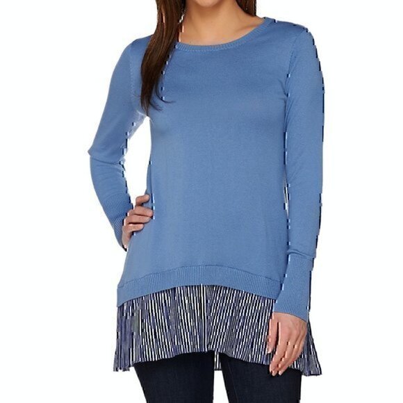 LOGO LORI GOLDSTEIN Cotton Cashmere Sweater with Striped Trim Pink Purple XS - Picture 3 of 12